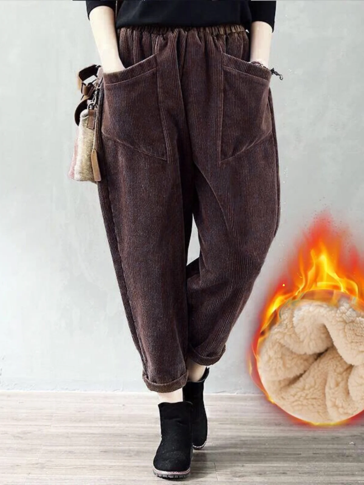 Jesienno-zimowe spodnie sztruksowe z podszewką z jagnięcej wełny, luźne, uniwersalne spodnie typu harlan, długie spodnie dla mamy, spodnie codzienne dla taty.