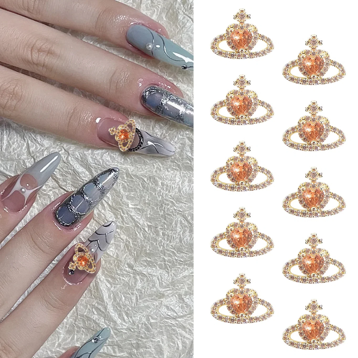 10pcs Planet Rhinestone Nail Jewelry Alloy Super Sparkly Heart rhinestone Crown 3D Nail Charms Gorgeous Nail Art Accessories