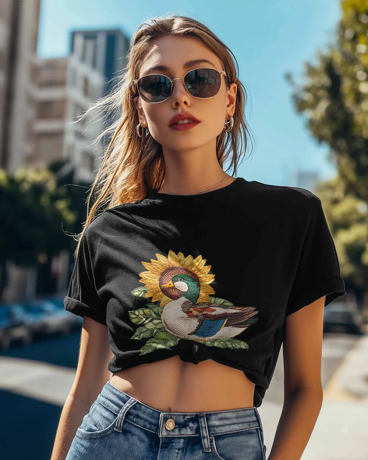 Line Style Sunflower Duck T-Shirt Lover Gift Sweatshirt Fitness T-shirt Short Sleeve O-neck Clothing Tops