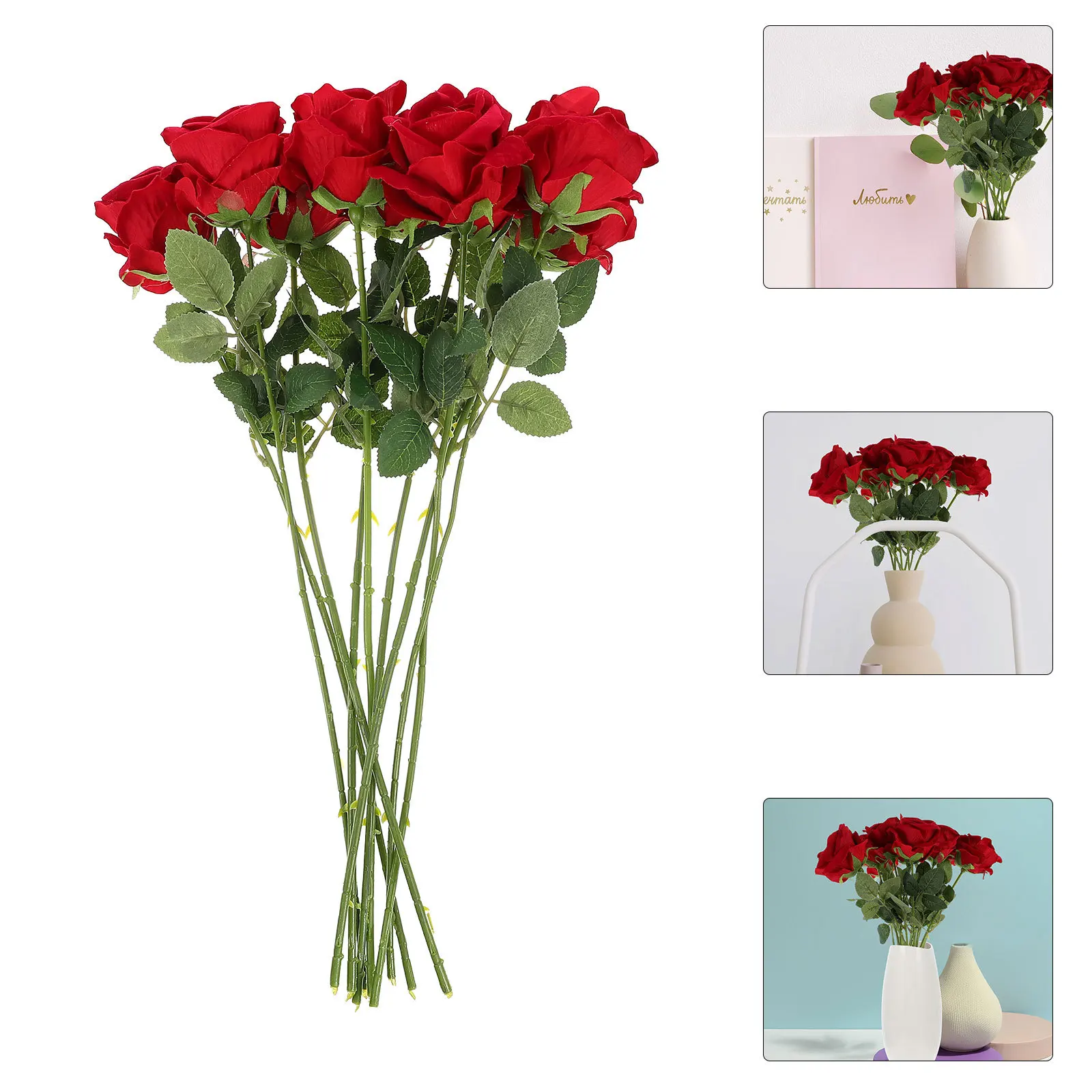 

9pcs Wine Red Artificial Roses Simulation Flower For Wedding Home Decor Living Room Flower Arrangement Fake Rose Decoration