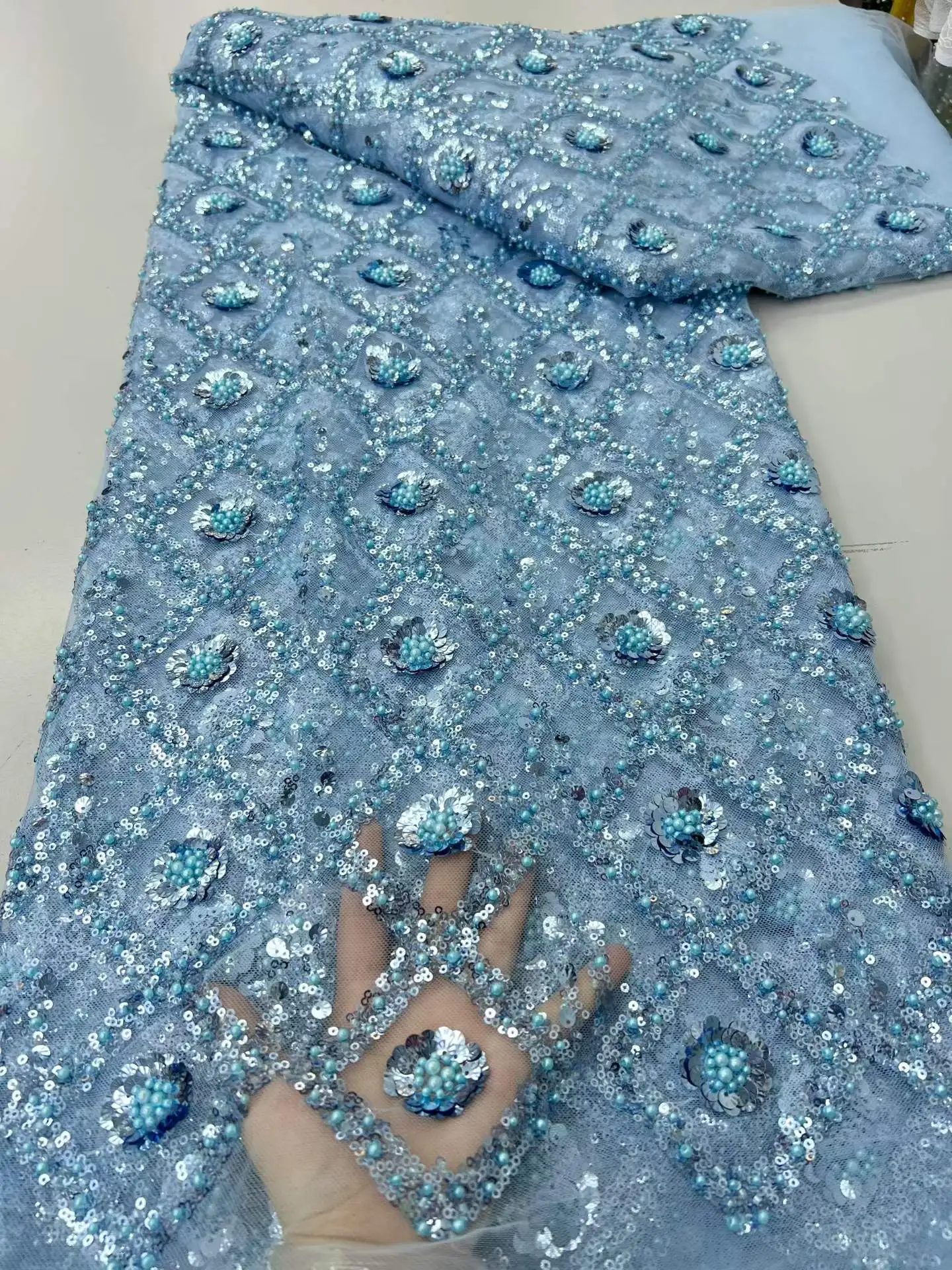 

Африканское сетчатое кружево с пайетками, 5 ярдов, 2026, высококачественная вышитая нигерийская французская ткань с бисером для пошива свадебных платьев