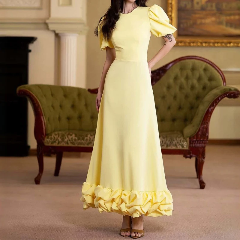 Elegant O-neck Ruffled Hem Solid Long Dress Women's Casual Puff Sleeve Draped Party Dress 2026 Fashion Temperament Wedding Dress