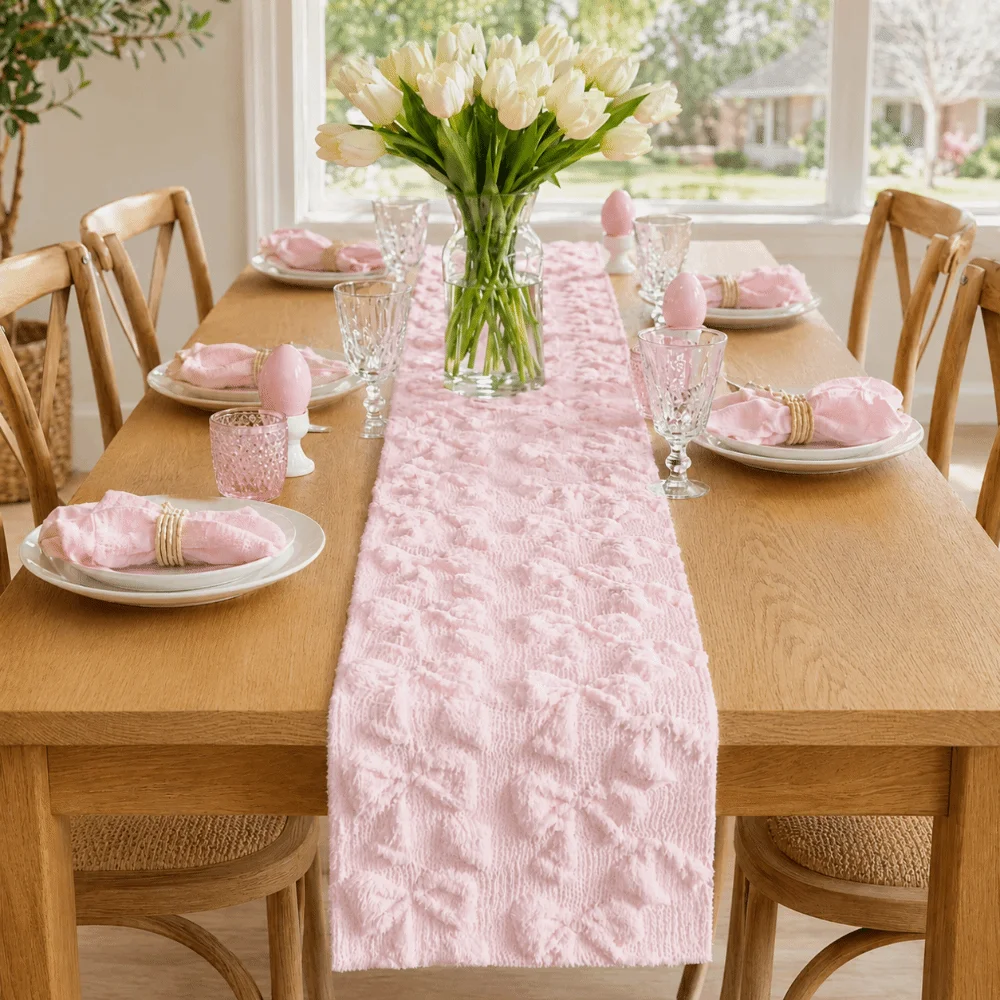 Comfortable Bow Table Runner Rectangular Long 3D Tufting Dining Tablecloth Soft Texture Creative Table Cover Dinner Decor