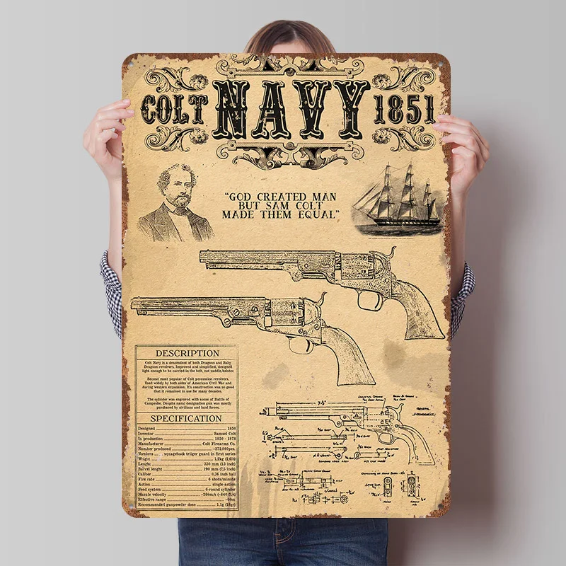 Colt Navy 1851 Revolver Printed Poster Customized Wall Art Retro Vintage Metal Tin Signs for Room Decoration Home Decor Items