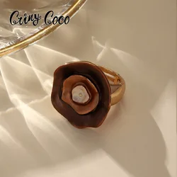 Cring Coco Fashion Women's Ring Flower shaped Elegant Retro Enamel Adjustable Ring Women's Party Jewelry Valentine's Day Gift