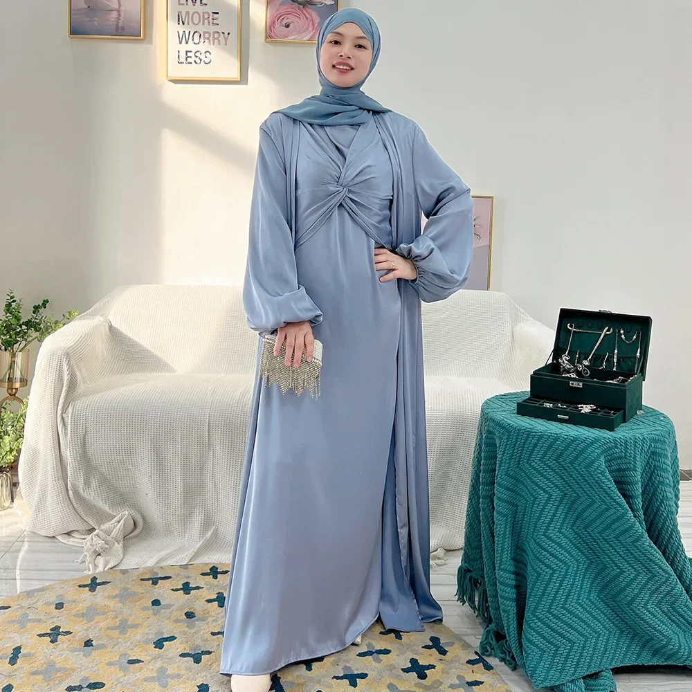 Ramadan Eid Abiti Donna Abaya Dubai Due pezzi Set musulmano Abito Abaya Dubai Turchia Musulmano Islam Abaya Abito da sera in raso