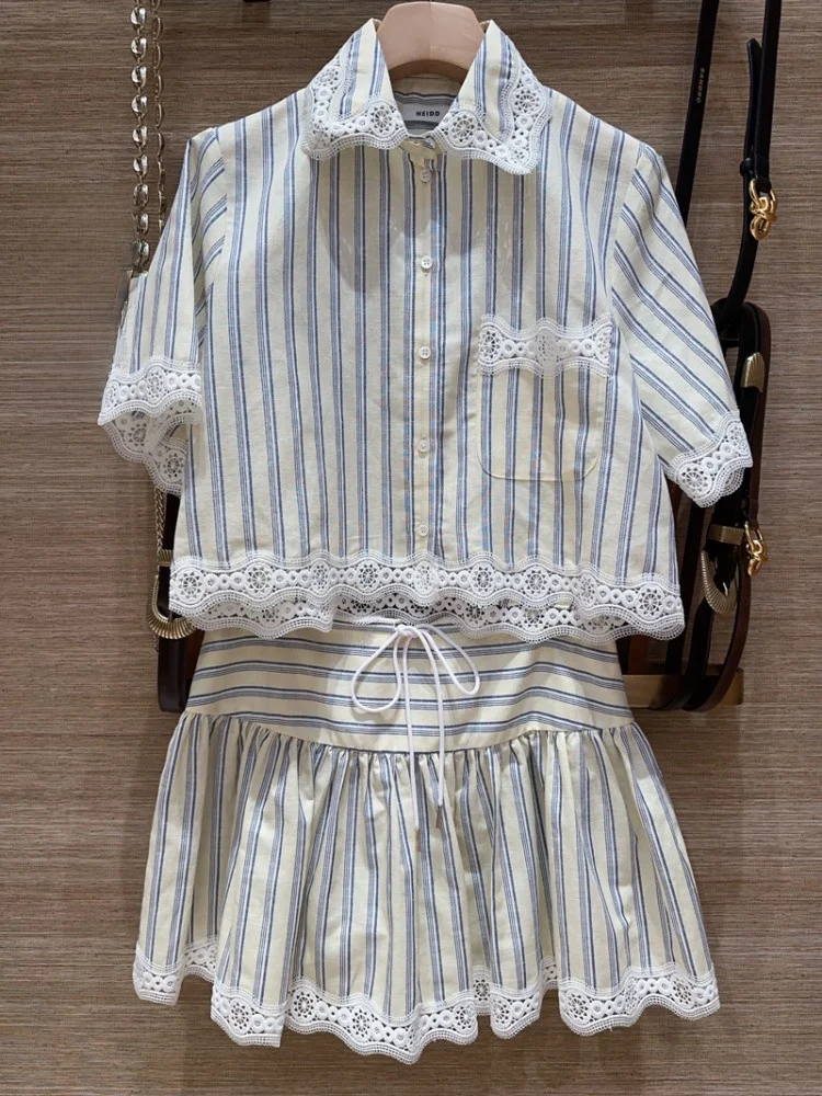 

Летний комплект: рубашка в полоску с кружевной отделкой и юбка с поясом, женская модная одежда из смесового хлопка, с коротким рукавом, воротником и застежкой на пуговицы, две части.