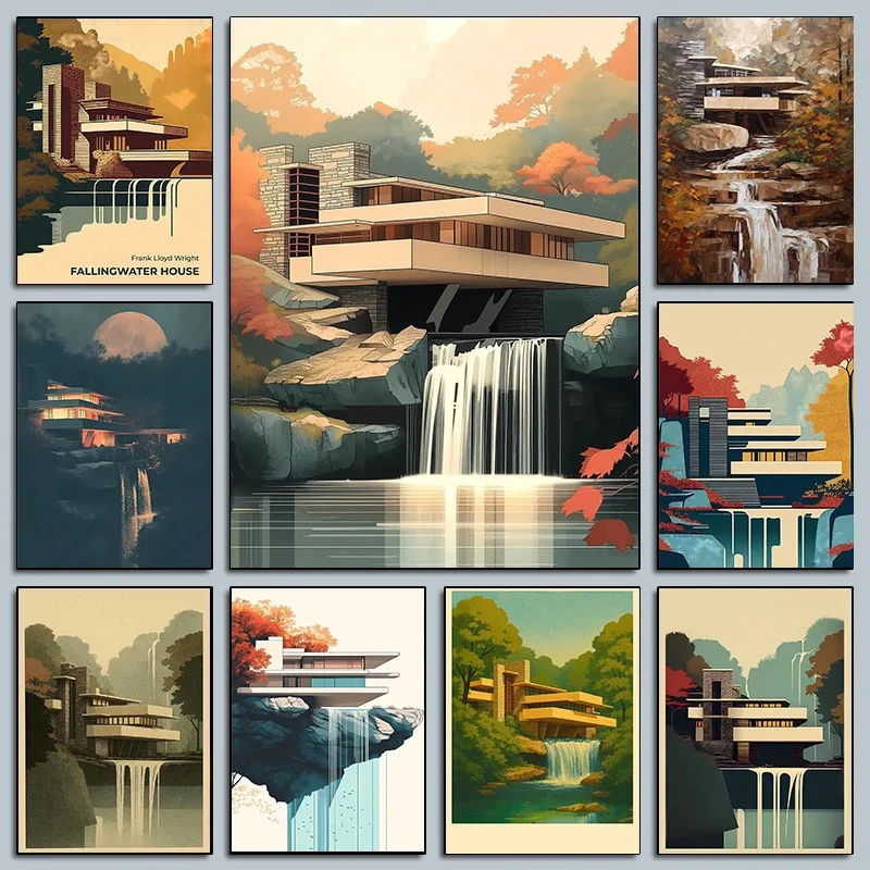 Modern Abstract Fallingwater House Posters Minimalist Bauhaus Architecture Prints Canvas Painting Wall Pictures Home Room Dec