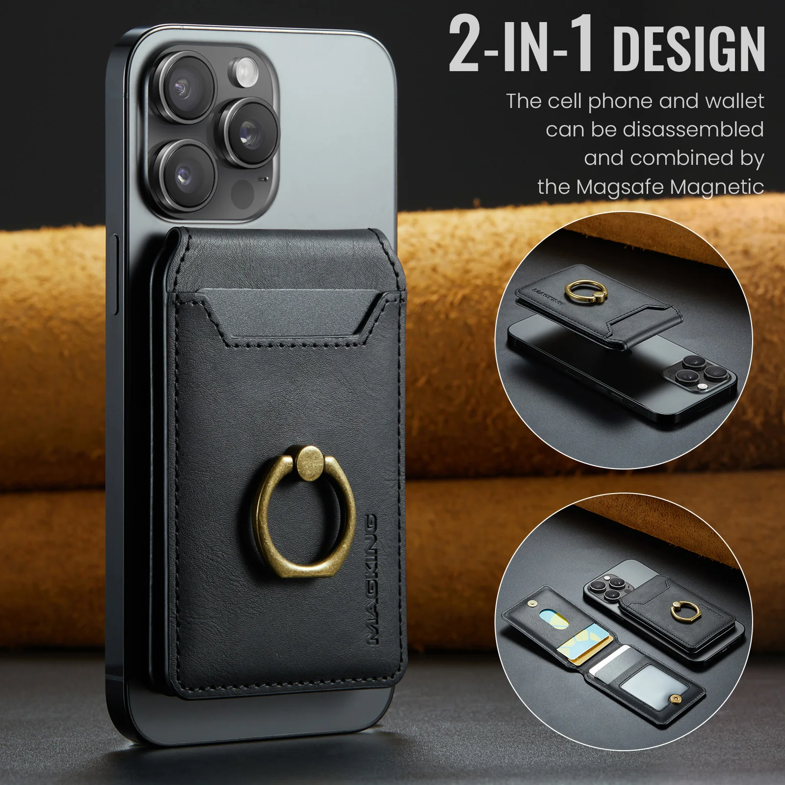 Luxury 2in1 Leather Ring Cellphone Magsafe Magnetic Card Holder For IPhone 12 13 14 15 16 Pro Max Plus Phone Bank ID Wallet Case