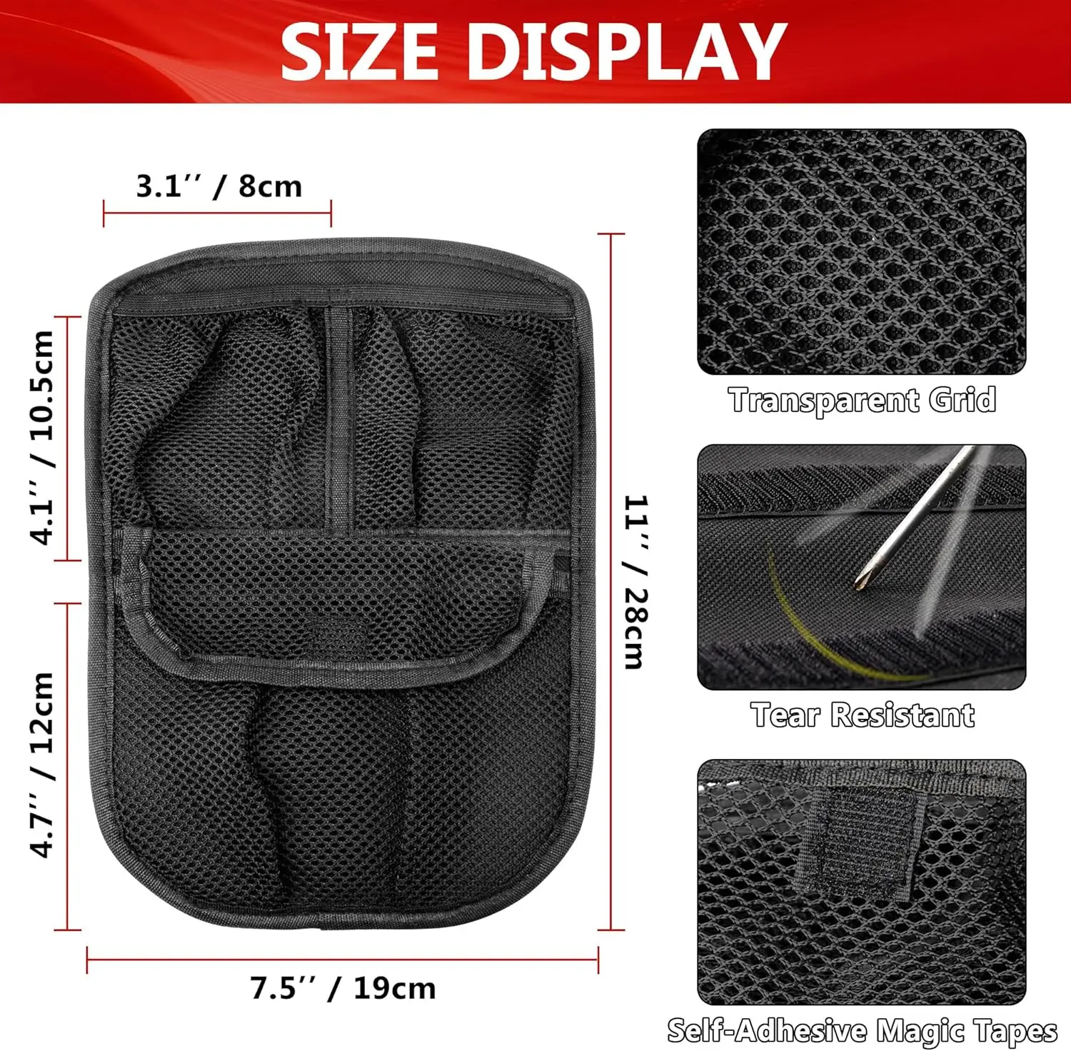 Glove Box Lid Organizer Accessory for Can Am Ryker Rally Edition Sport 19-24 3 Mesh Pocket Storage Organizer with Black Panels