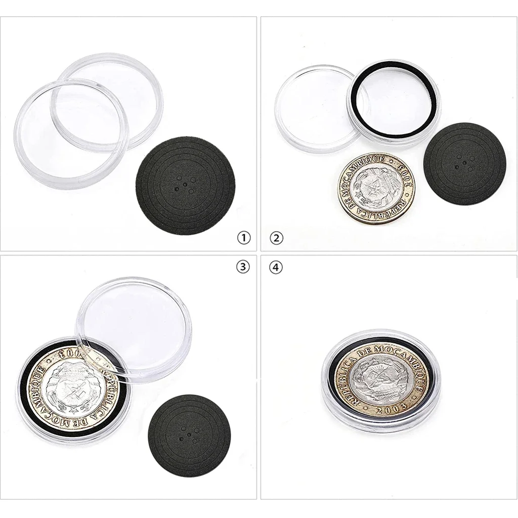 60Pcs Transparent Coin Capsules with Black Foam Gaskets and Organizer Box for 21mm/26mm/31mm/36mm/41mm Coins Collection Supplies