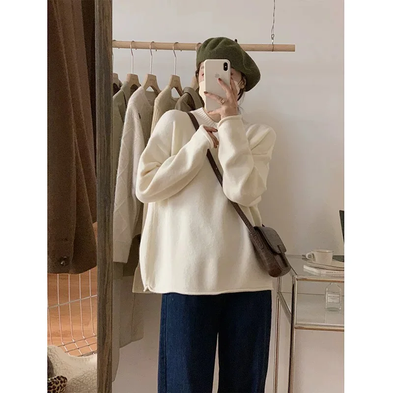 

Soft White Oversized Lazy Sle Women's Knitted Sweater round Ne Pullover High-End Feel Early Spring New Arrival