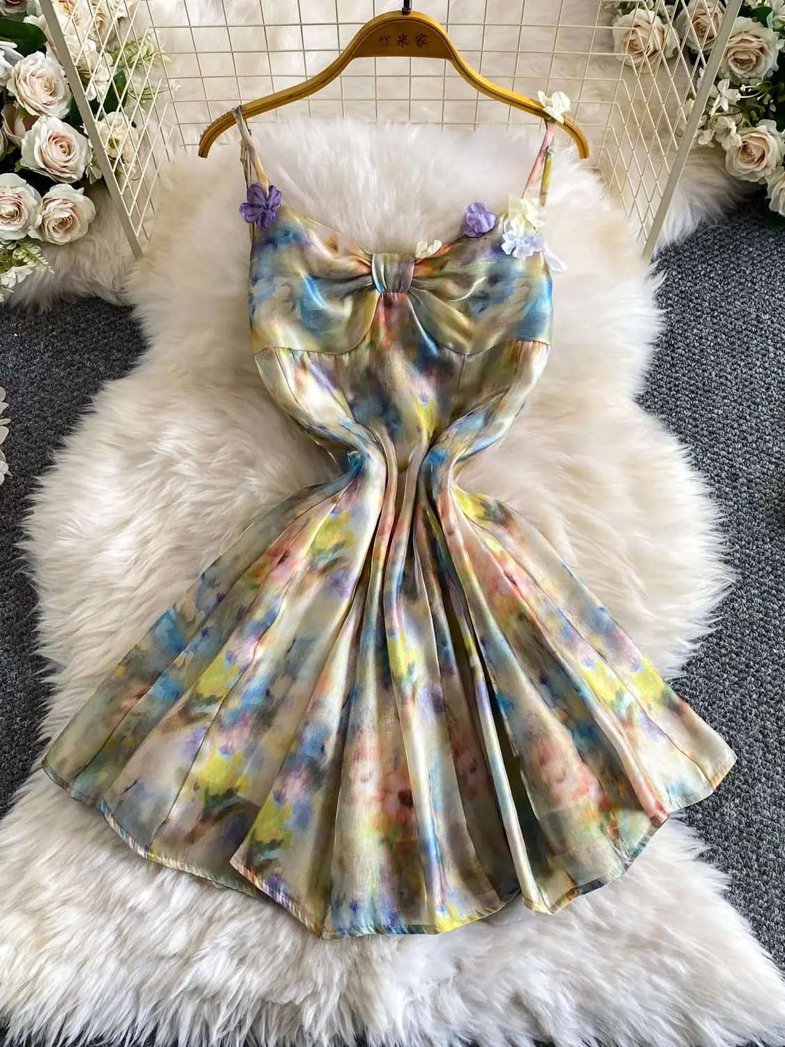Women Green 3D Flower Bow Tube Slip Dress Vintage Elegant Y2k Gyaru A-Line Mini Dress Oil Painting Print Puffy Dress Summer 2026