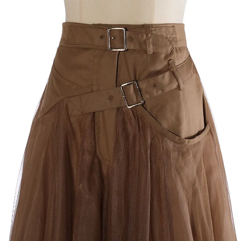 New high waisted khaki half skirt with fashionable temperament, mesh skirt with irregular pattern  pink skirt