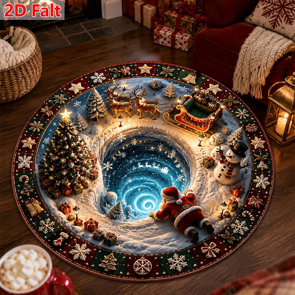 3D Vortex Santa Christmas Printed Round Area Rug, Snowman Sleigh Tree Pattern, Festive Home Floor Mat