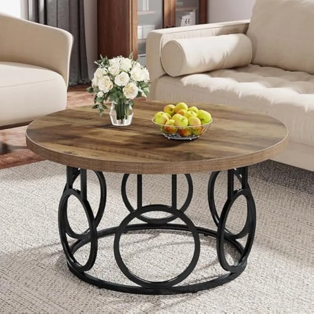 

31.5-Inch Round Coffee Table, Rustic Circle Coffee Table with Metal Base, Modern Wooden Accent Furniture, Industrial Design, fo