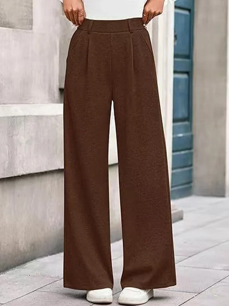 الخريف الشتاء النساء مضلع بنطال ذو قصة أرجل واسعة عالية الخصر فضفاضة تناسب مستقيم الساق بنطلون عادية مريحة التنقل