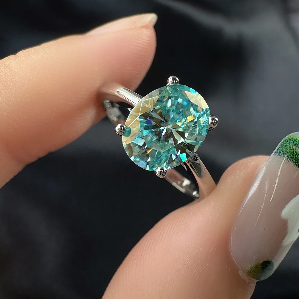 OEVAS Real 1CT / 2 Carat Oval Aquamarine Moissanite Ring For Women Rhodium Plated 925 Sterling Silver Diamond Fine Jewelry