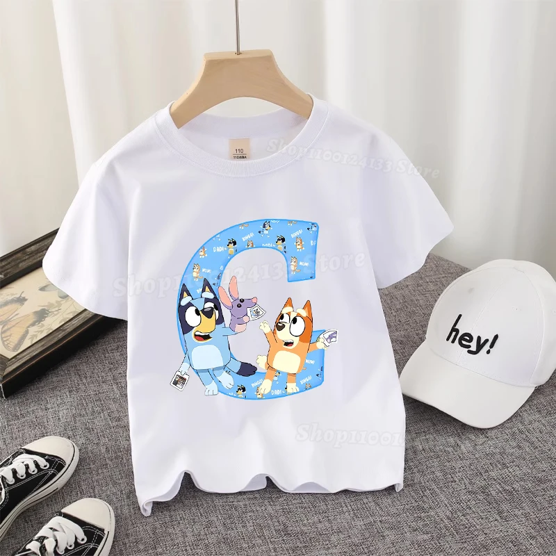 Bluey T-shirt en coton pour enfants lettre A-Z la famille Heeler Anime Tee Shirt mignon dessin animé enfant fille garçon Streetwear vêtements décontractés