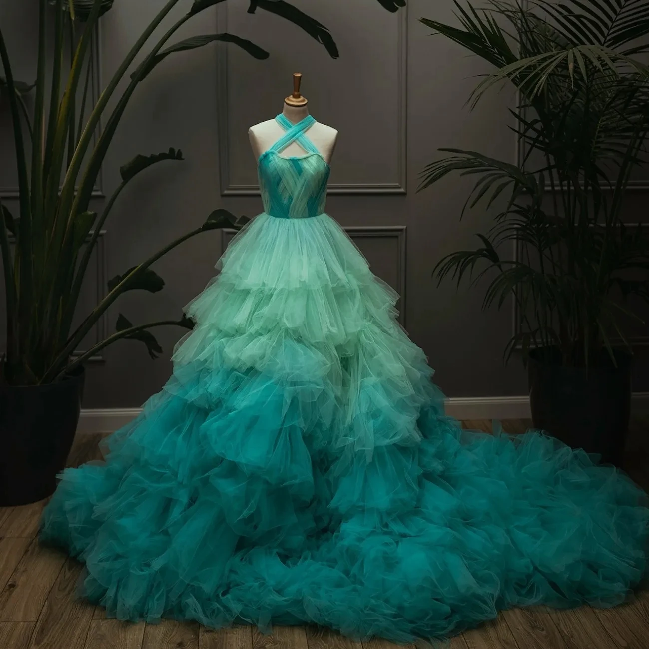 Vestido de tule multicoloridas de fadas, vestido de baile longo, verde Halter Ombre, tule em camadas, vestidos formais, personalizados, elegante vestido de concurso