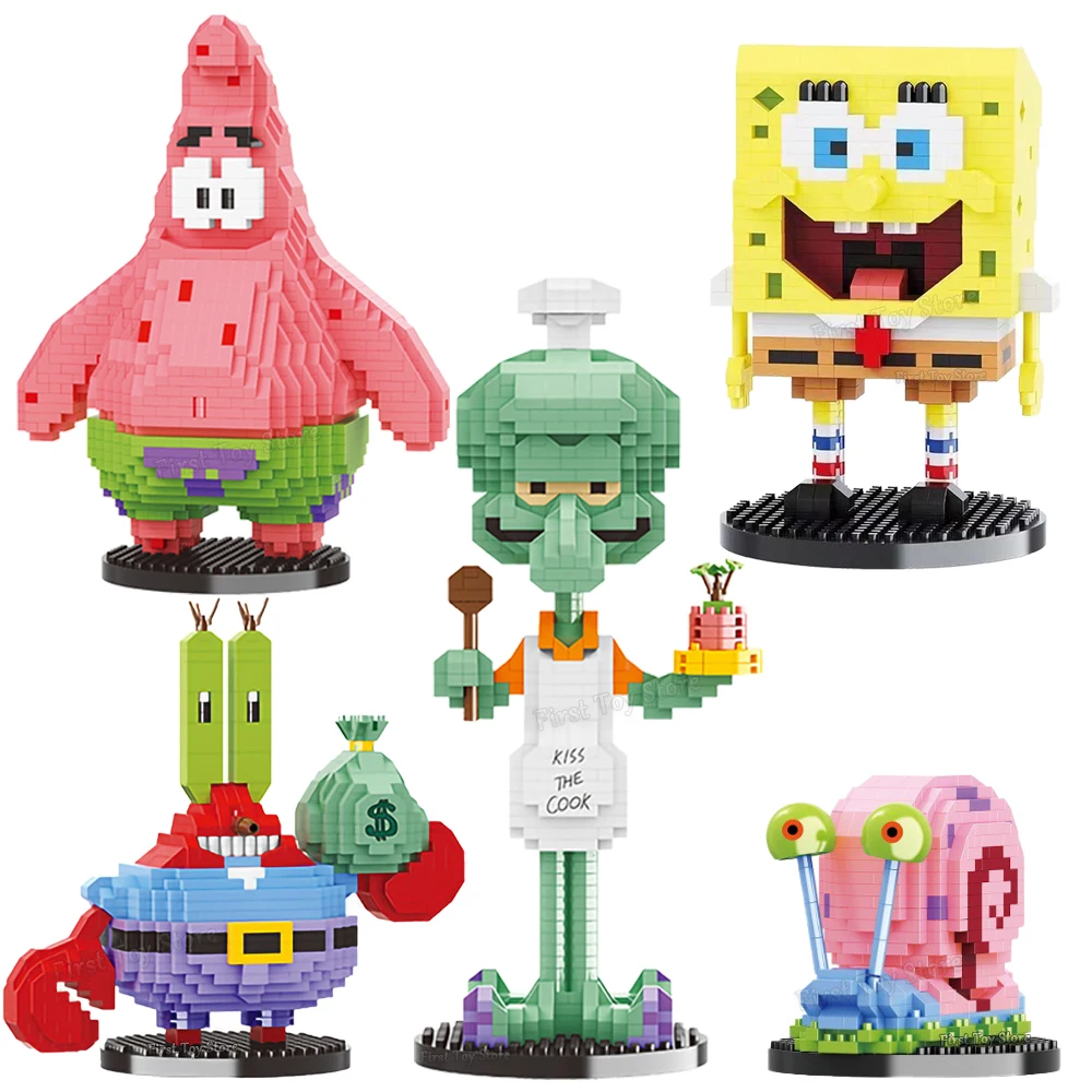 New SpongeBob Squidward Blocks Sponge Patrick Star Sandy Boss Plankt Crab Boss Bigsberg Building Blocks Toy Kids Toys