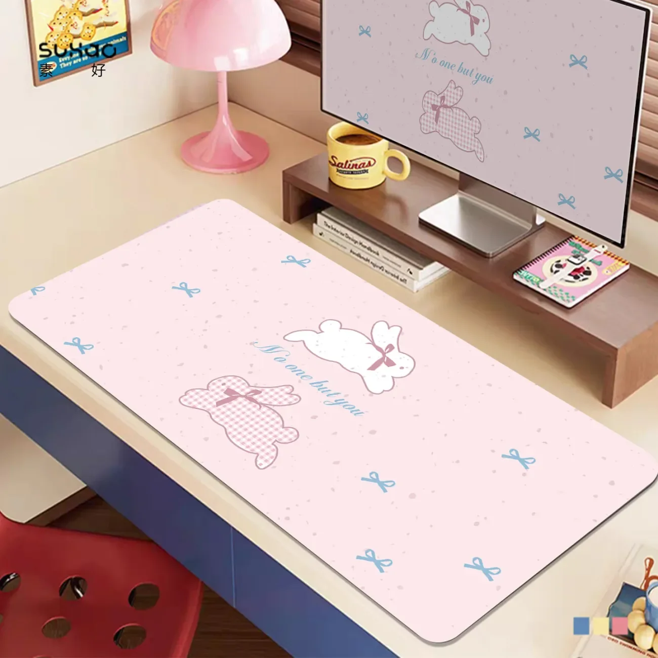Leather Desk Pad Protector Pink Bunny Bow Rabbit Girl Kawaii Mouse Pad Office Desk Mat Waterproof Non-Slip PU Desk Blotter Pad