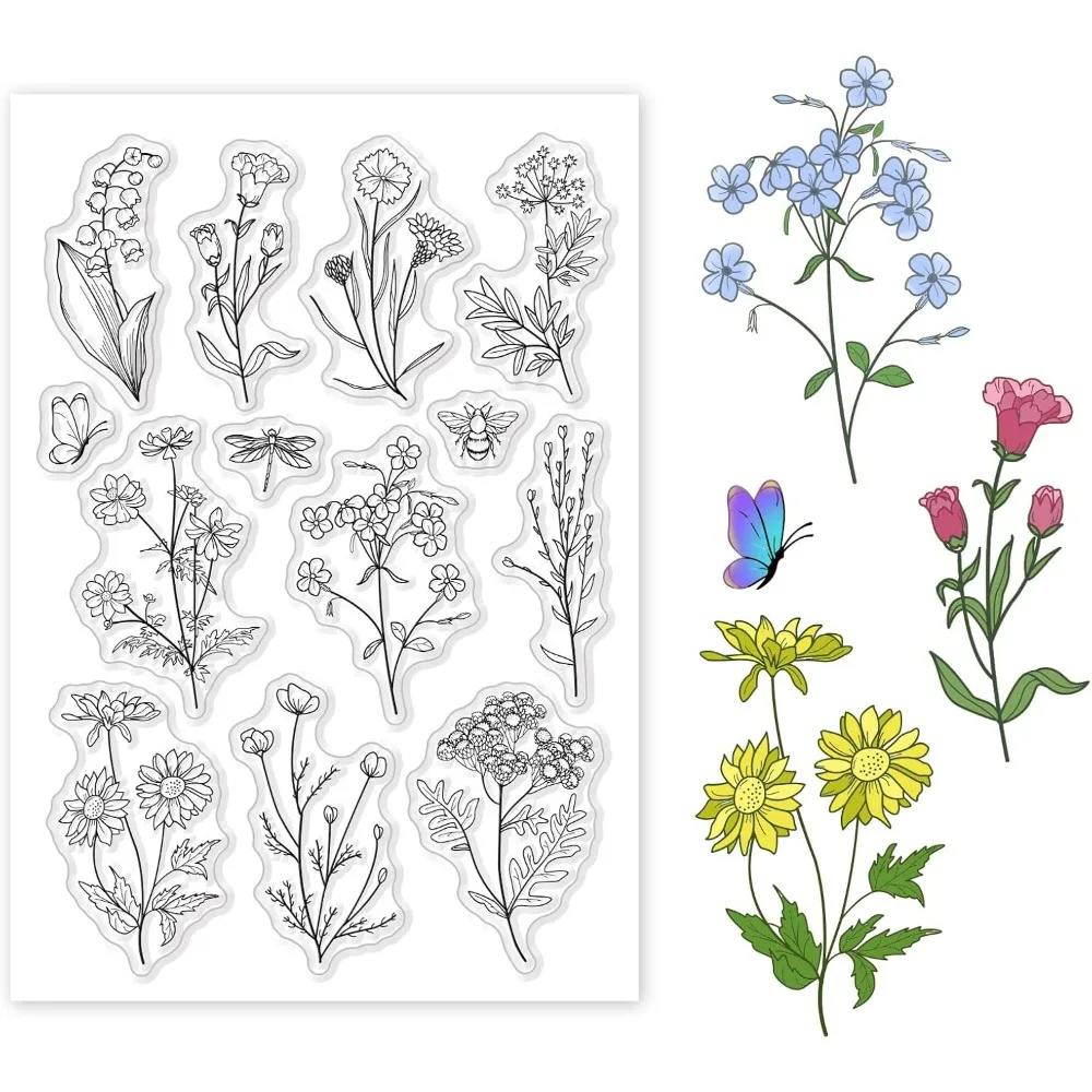 Wild Flower Clear Stamps for Card Making Decorative Vintage Plants Flowers Leaves Bee Transparent Silicone Stamps for DIY