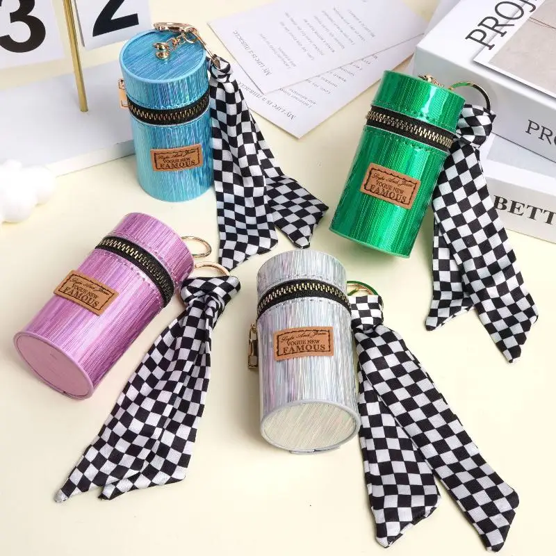 Trendy Cylindrical Coin Purse With Scarf Keychain Mini Lipstick Bag Portable Earphone Storage Pouch For Women Daily Use
