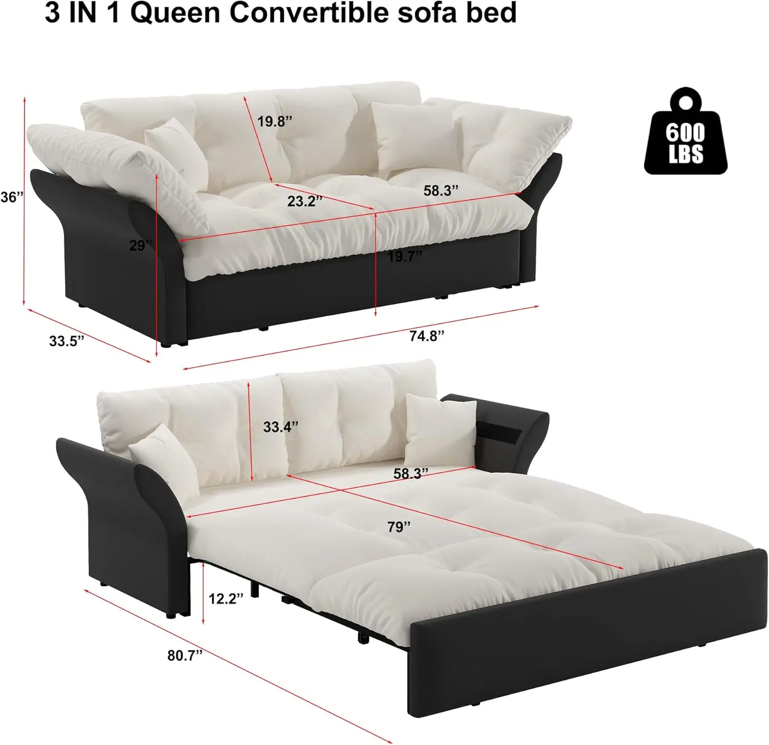 GNIXUU 74.8” Queen Pull Out Sofa Bed, Luxury Velvet Convertible Sleeper Sofa Couch with Side Storage, Comfy Cloud Futon Bed Pull