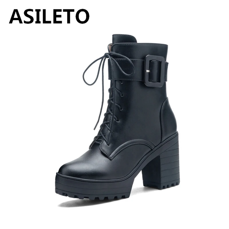 ASILETO ใหม่รถจักรยานยนต์ข้อเท้า BootsBuckles Zip รอบ Toe 9 ซม.ส้น Lace Up สีขาวสีดําขนาดใหญ่ขนาด 42 43 US12 แฟชั่น Cool