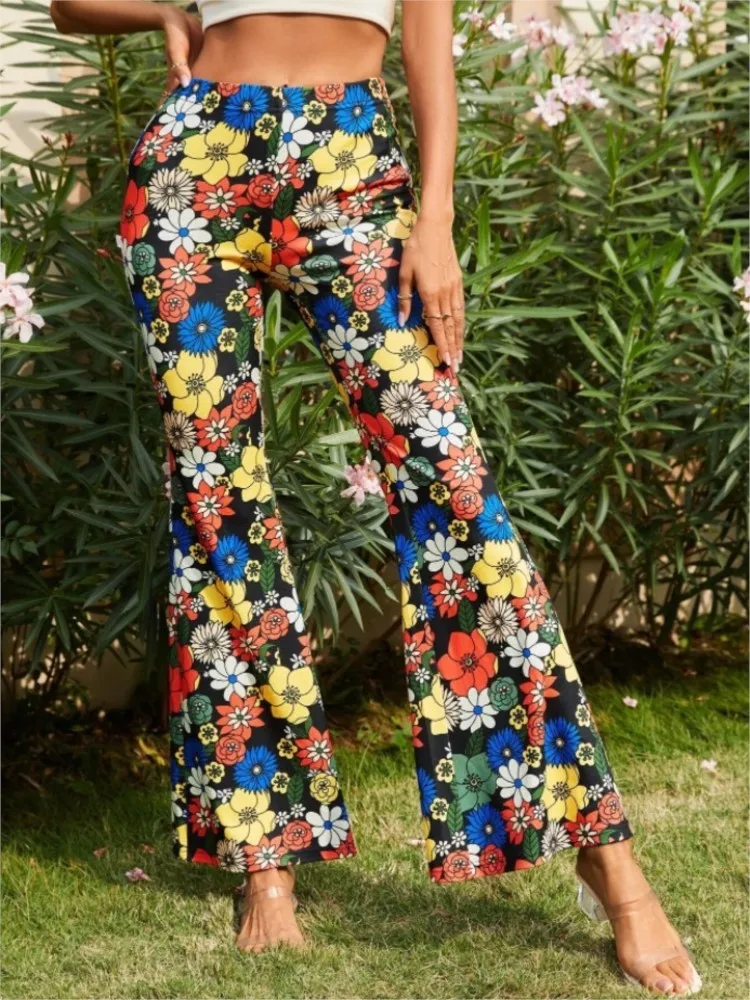 Elegant Slim Fit Bell Bottoms For Women Fashionable Floral Print Elastic Waist Trousers Beach Party Elegant Vintage Pant Female