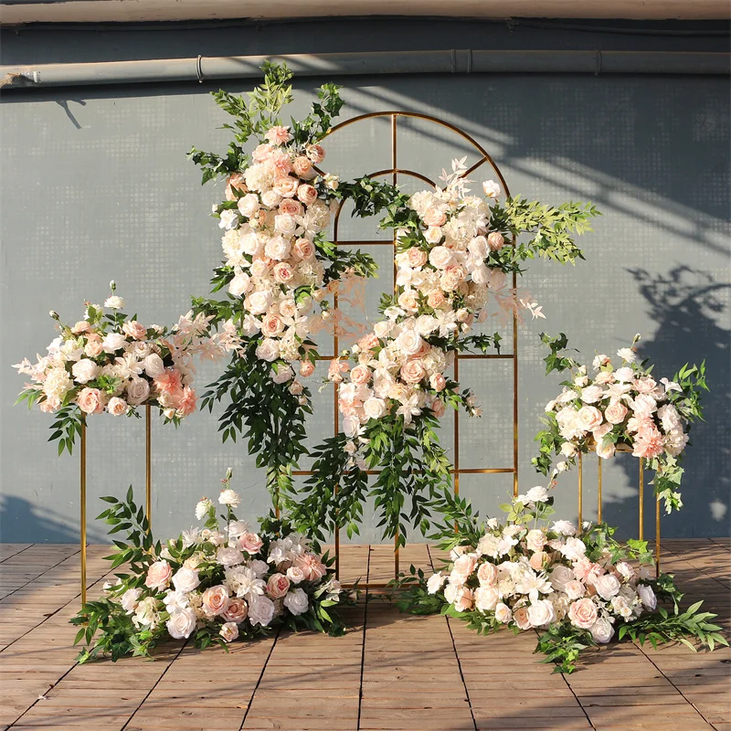 

Artificial Flowers for Weddding Decoration Pink White Rose with Green Leaves Floral Arrangement Centerpieces for Party Tables