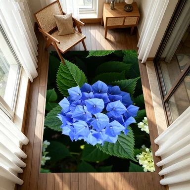 Fresh Blue Hydrangea Flower Plant Carpet Flooring, Garden Floral Non-Slip Floor Rug for Living Room Bedroom Home Decoration