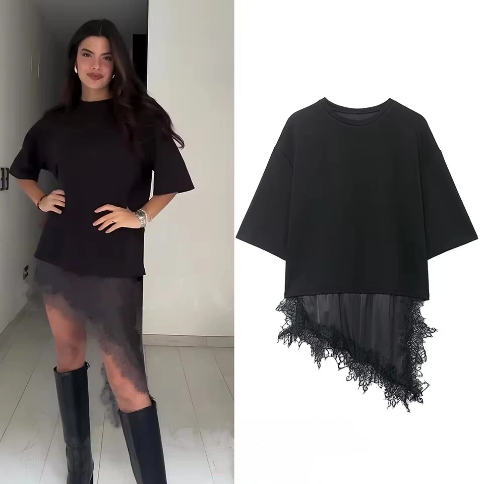 

Solid Irregular Lace Patchwork T-shirts Women Casual O-neck Short Sleeve Loose White Tops 2026 Summer New Women Tops Streetwear