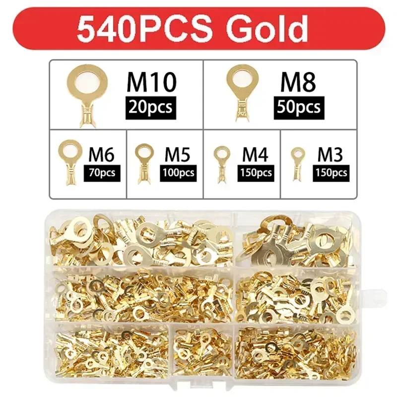 150/300/540Pcs M3/M4/M5/M6/M8/M10 Ring Lugs Eyes Copper Crimp Terminals Cable lug Wire Connection Non Insulated Assortment Kit