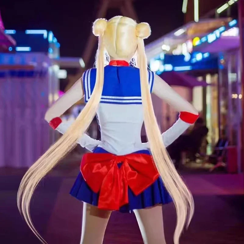 

Anime Sailor Moon Cosplay Costume Tsukino Usagi Uniform Dress Outfits Cosplay Yellow Wig Halloween Party Women Kids Sailor Suit