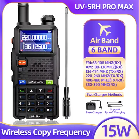 Baofeng UV-5RH 프로 맥스 워키토키, 원 클릭 복사 주파수, 999 채널, USB 트랜시버, 양방향 HAM, 50km, 15W, 6 밴드