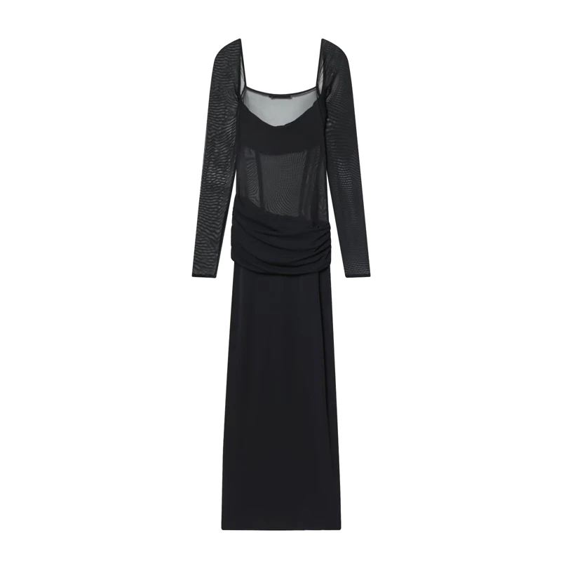Robe longue en maille noire à manches longues pour femmes – Col carré, taille froncée, robe de soirée transparente et élégante