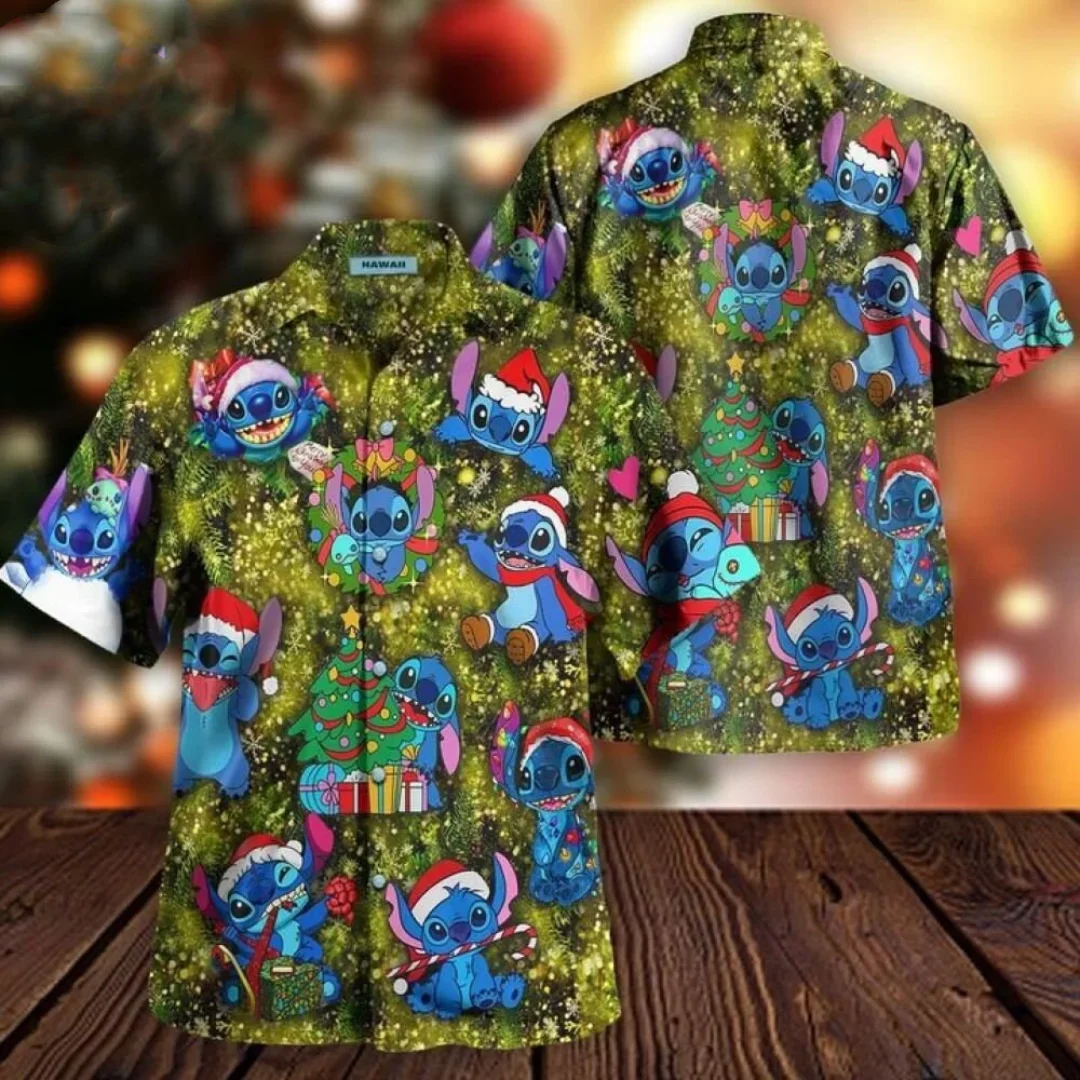 Disney Stitch camisas hawaianas de Navidad para hombres y mujeres, camisa informal de playa, camisa hawaiana de Disney, camisa de manga corta con