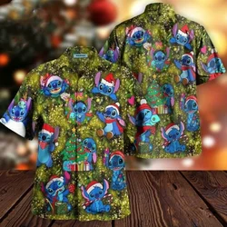 Disney Stitch Christmas Hawaiian Shirts Men's Women's Casual Beach Shirt Disney Hawaiian Shirt Kids Short Sleeve Button Up Shirt