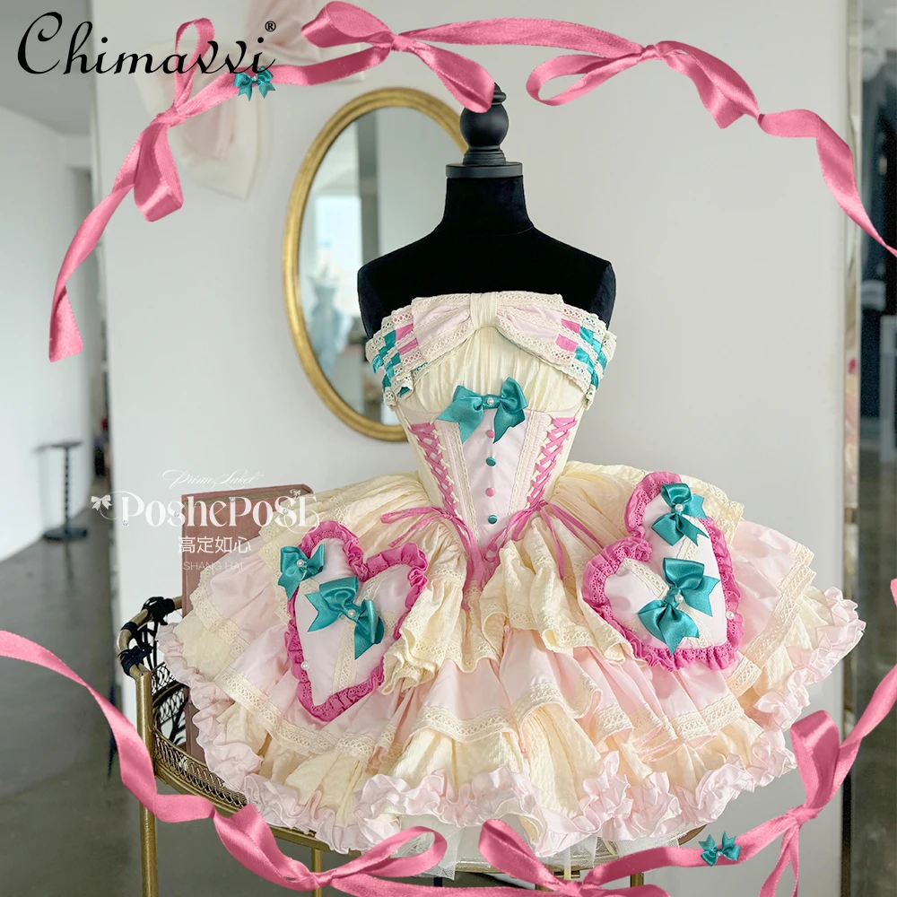 High-end Sweet Girl Kawaii Birthday Party Dress Spring and Autumn New Lolita High Waist Cute Bow Elegant Women's Dresses