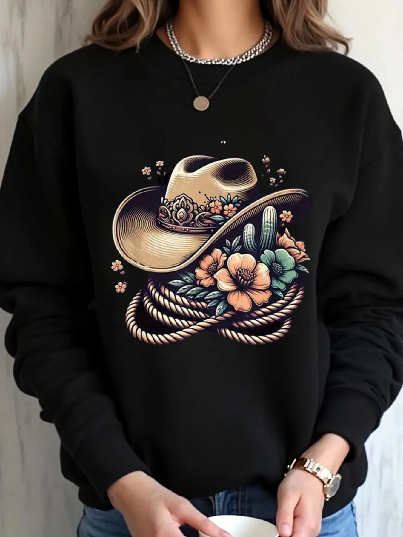 

Женская толстовка большого размера в западном стиле, ковбойская шляпа с цветочным принтом кактуса, верхняя одежда