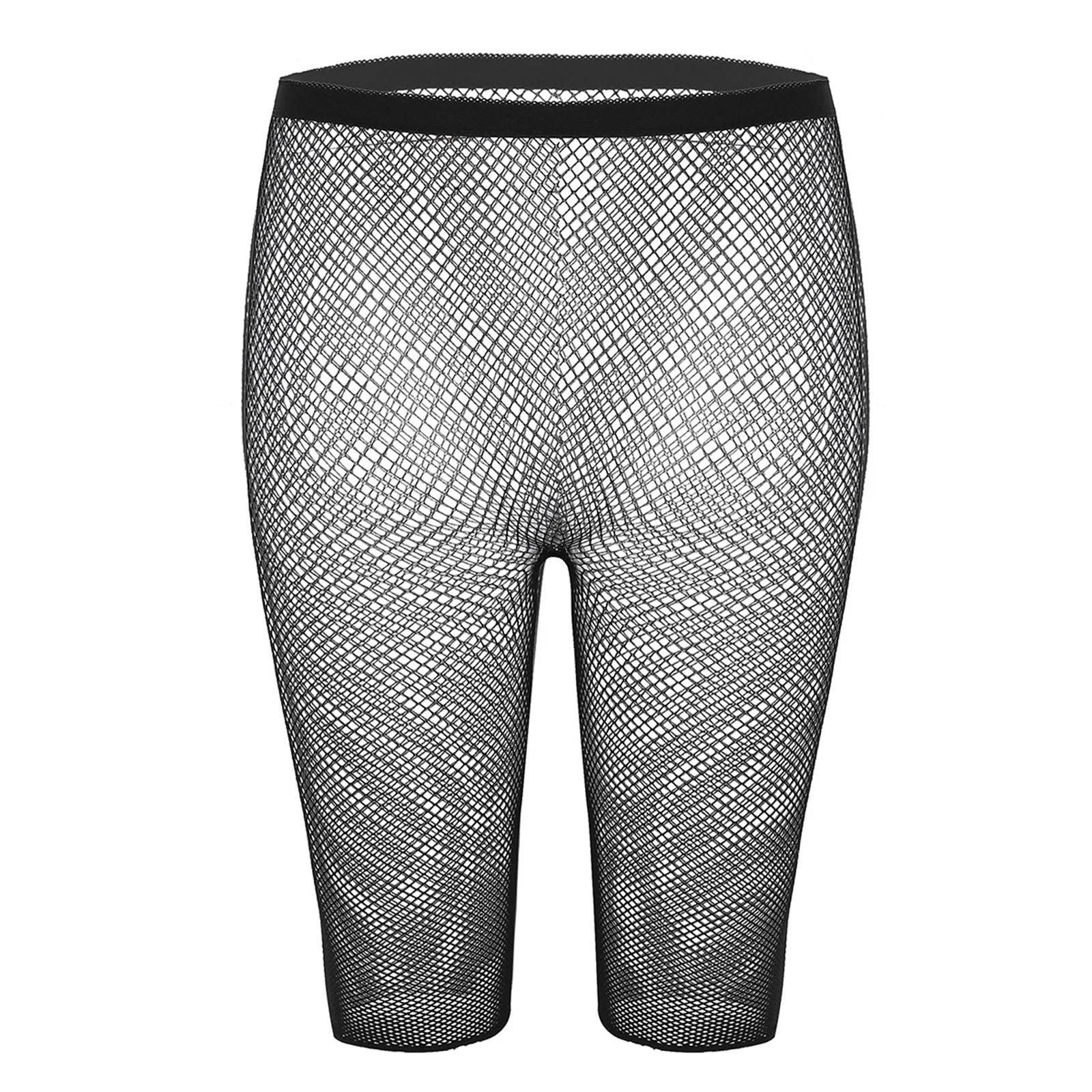 Sexy Mens Fishnet Mesh See Through High Waist Shorts High Stretch Half Pants Gay Male Sissy Underwear Rave Party Clubwear