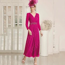 Charming Rose Red Mother of the Bride Dresses 2024 Ankle Length Mother Gowns Long Sleeves V Neck Wedding Party Dresses On Sale