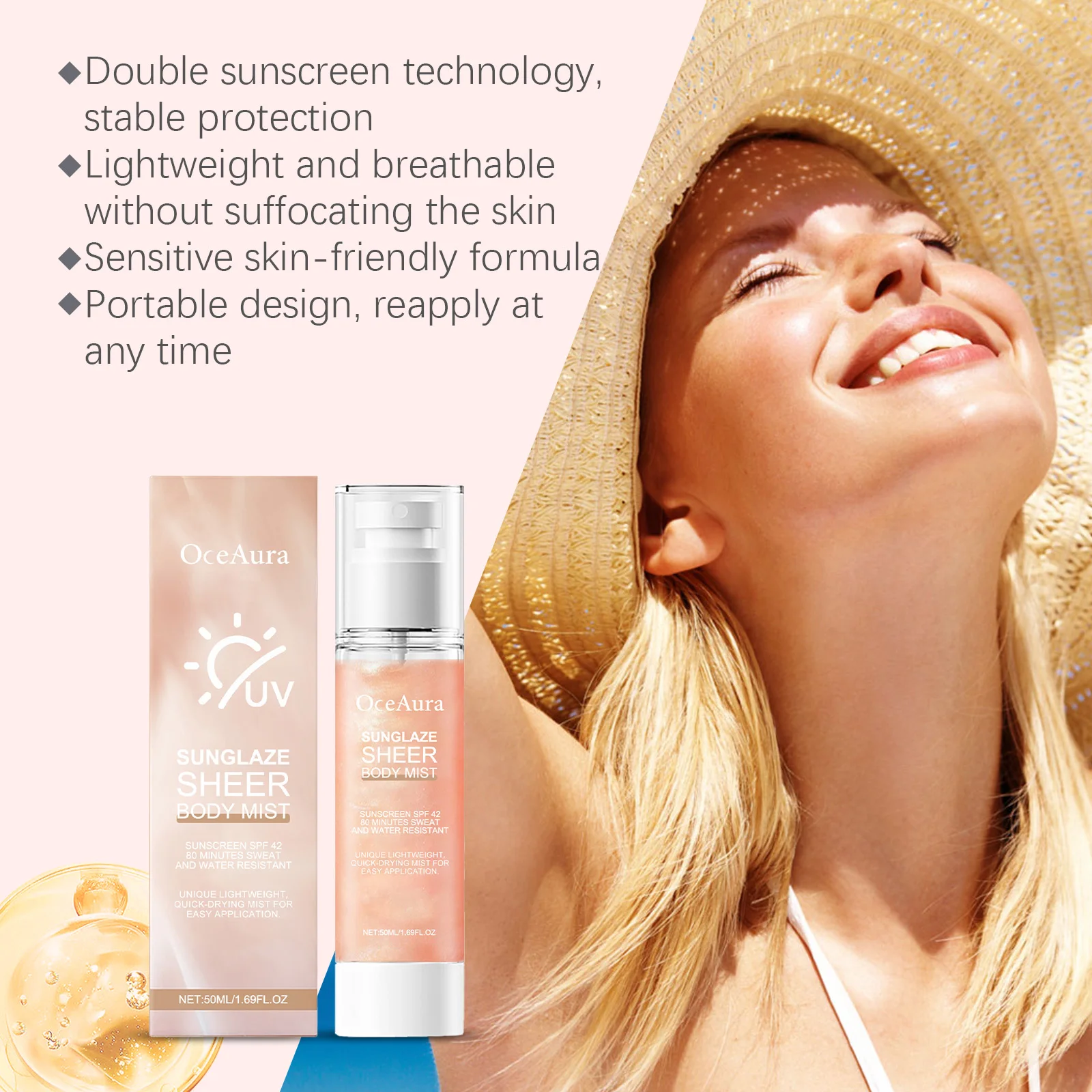 50ml Waterproof Sunscreen Spray Anti-UV Refreshing Moisturizing Non-greasy Sun Block Facial & Body Sunscreen Protector Skin Care