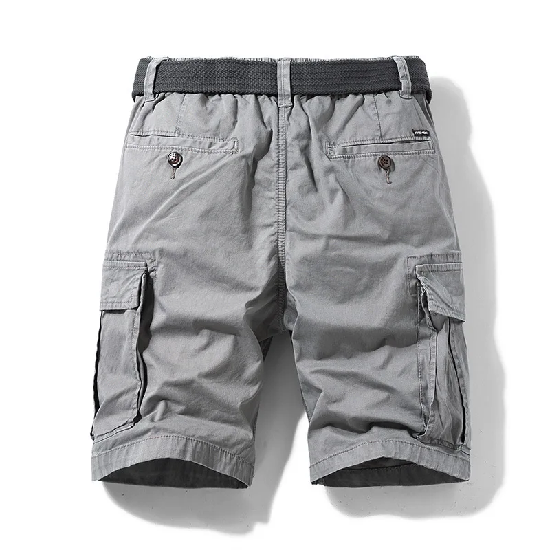 Men Multi Pocket Cotton Cargo Shorts Elastic Waist Casual Tooling Short Pants Men Zipper Fly Loose Casual Shorts Jogger NO Belts