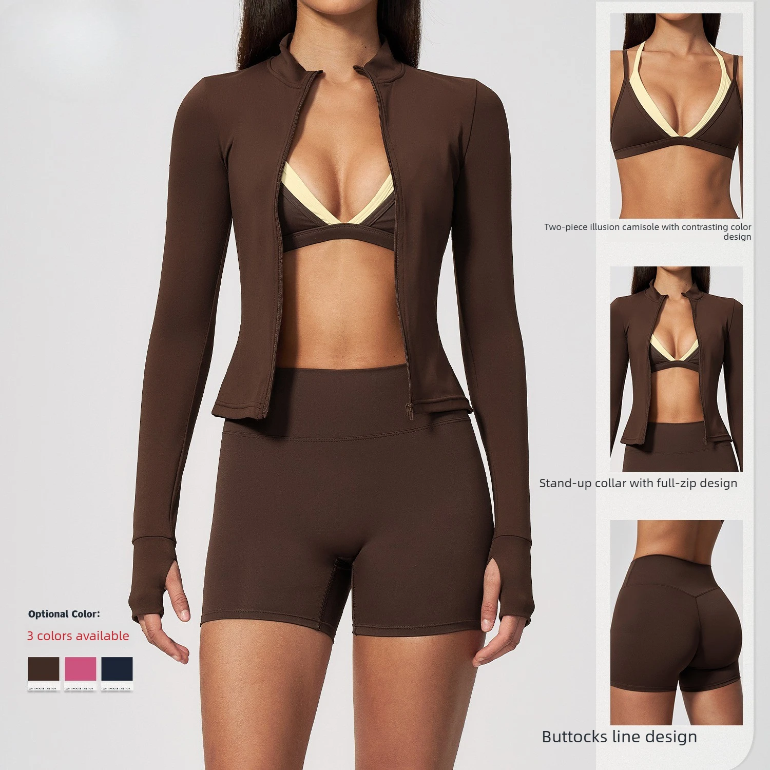 Women 3 Piece Yoga Set Full Zip Crop Jacket V Neck Sports Bra High Waist Leggings Shorts Stretch Fitness Gym Workout Activewear