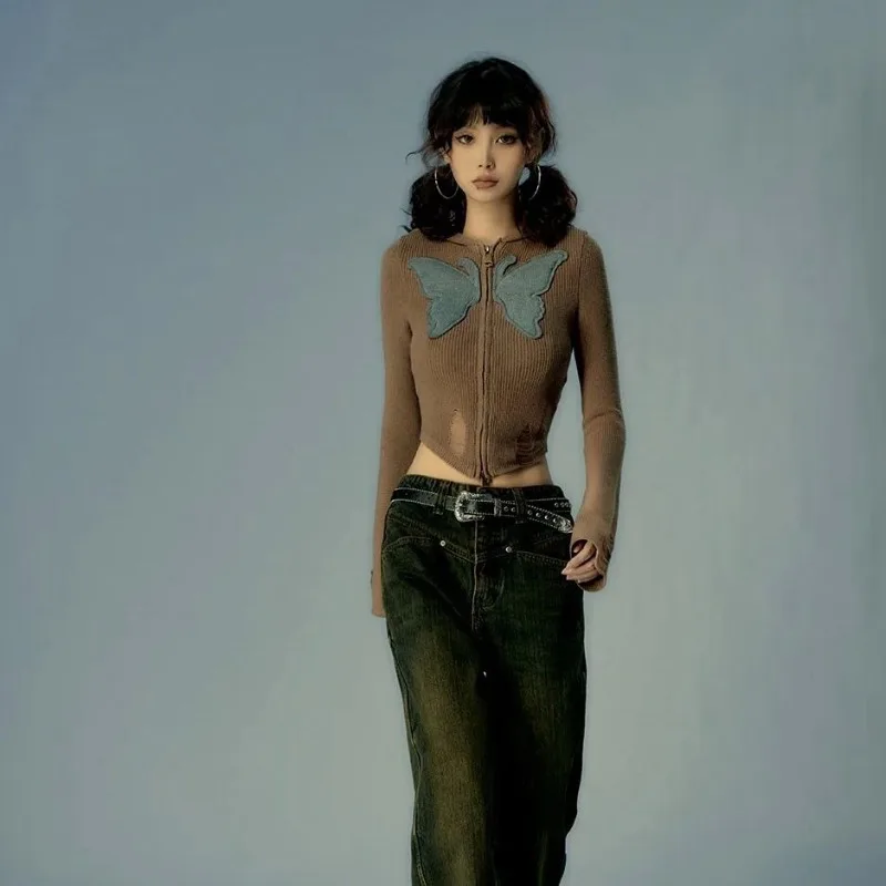 Vintage Embroidery Hooded Knitted Cardigan Women Hole Design Slim Fit Zipper Short Sweater Autumn Y2k Tops