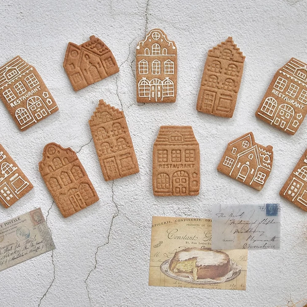 4Pcs 3D Christmas Gingerbread House Pattern Cookie Cutter Handmade Biscuit Stamp Fondant Embosser Cake Decorating Tools Bakeware