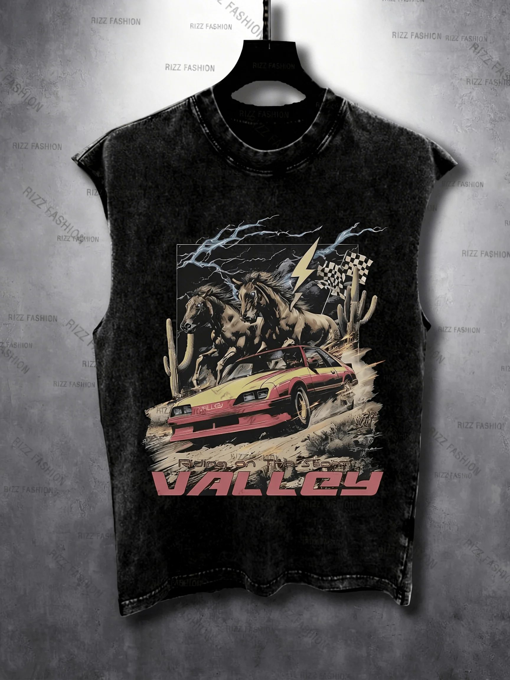Men'S Vintage Washed Sleeveless Vest | Valley Racing Graphic Print With Racing Cars, Horses & Desert Landscape - Dark Street Punk Style Loose Fit Summer Outdoor Sports Top - Breathable, Slight Stretch Fabric, Crew Neck, Perfect For Male Teenagers